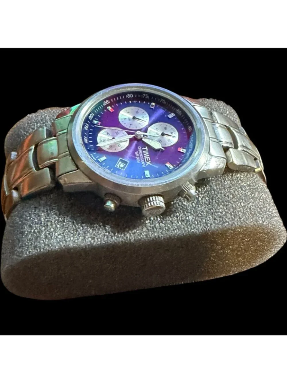 Timex Mens Chronograph Watch W/ Stainless Steel Band Tachymeter WR 50M Purple Di